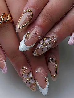 24pcs Pink Flower Almond Press on Nails Kawaii False Nails Wearable Stick-on Nails Fake Nail Uñas Postizas Накладные Ногти 네일팁2028