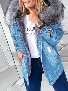 Autumn Women Vintage Hooded Denim Jackets Wth a Large Fluffy Collar Frayed Design Buttoned Overcoat