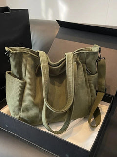 Women Corduroy Tote Bag Casual Multi Pocket Handbag Adjustable Strap Crossbody Sling Bag Zipper Shoulder Bag Fall Winter Bag