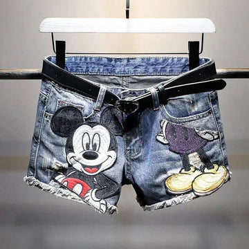 Women's High Waisted Denim Shorts-Korean-Inspired Loose Straight Leg-Distressed Cartoon Embroidery Trendy Summer Hot Pants PlatiNum