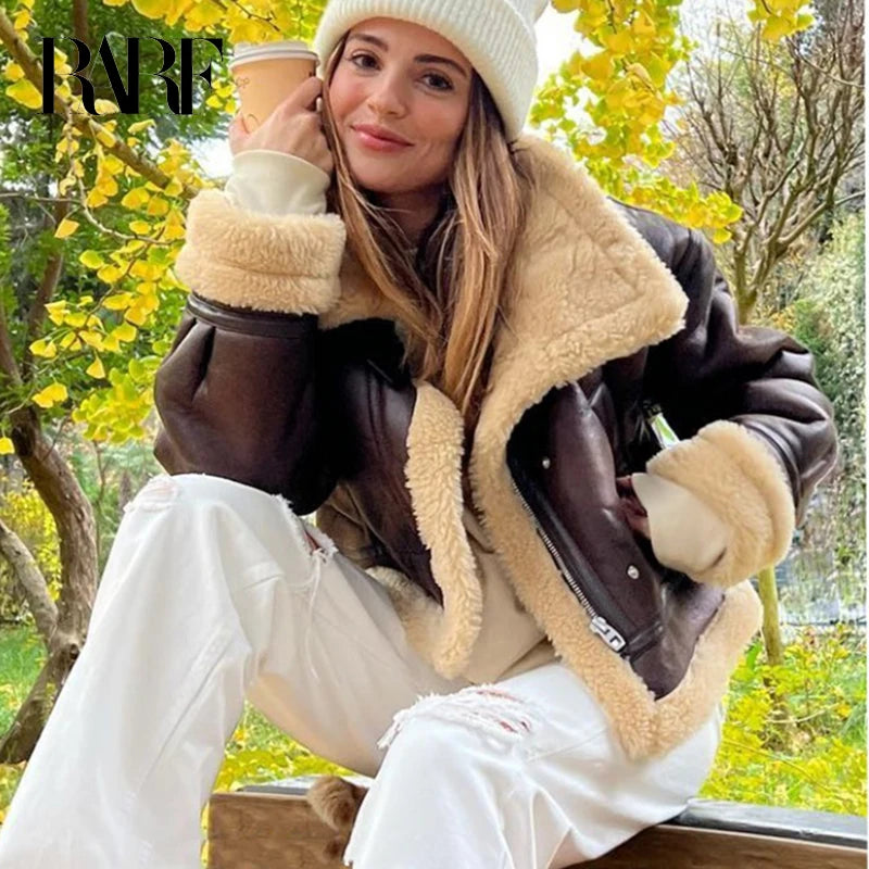 2025 New Autumn Winter Women Faux Lamb Fur Short Jacket Vintage Female Moto Biker Zipper Thick Warm Coat Fleece Outwear
