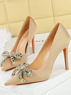 BIGTREE Street Style Lusso Fiocco con strass con punta a punta Tacco sottile Bicchiere da vino in seta Tacchi alti Décolleté da donna