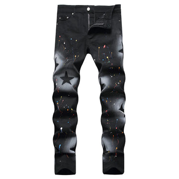 Men Star Painted Denim Jeans Casual Graffiti Print Slim Straight Pants Black Stretch Cotton Spandex Trousers