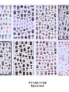 7/8pcs 3D Gothic Black Halloween Nail Stickers Cool Design Alphabet Letter Lace Castle Skull Y2K Manicure Decoration Accessories