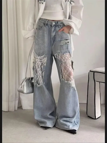 Jeans a Vita Alta e Gamba Larga per Donna, Pantaloni in Denim Estivi con Patchwork in Pizzo e Grandi Fori | Pantaloni Casual Retrò per Donna