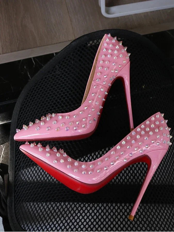 2025 new rivet high heels for women, 12CM pointed shallow mouth single shoes, socialite banquet shoes