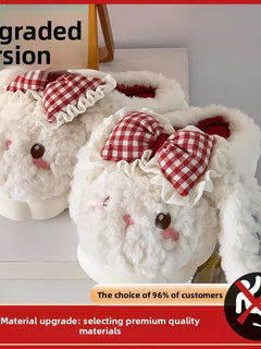 2026 New Women's Cotton Bow Bunny Slippers Winter Indoor Home Warm Household Wool Cotton Shoes Women Wear Indoor Winte