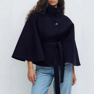 Women Lace Up High Neck Jackets For Women With Belt Elegant Windbreaker Faux Wool Blends Cape Street Solid Windbreaker Cloak