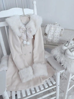 Japanese Autumn Winter Elegant Kawaii Coat Women Faux Fur Collar Long Sleeve Tops Casual Lolita Bow Button Warm Sweet Jacket
