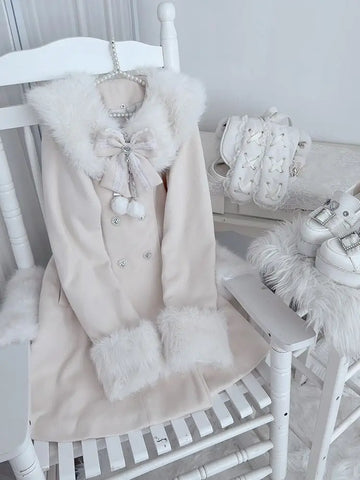 Japanese Autumn Winter Elegant Kawaii Coat Women Faux Fur Collar Long Sleeve Tops Casual Lolita Bow Button Warm Sweet Jacket