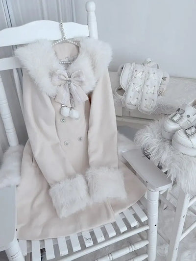 Japanese Autumn Winter Elegant Kawaii Coat Women Faux Fur Collar Long Sleeve Tops Casual Lolita Bow Button Warm Sweet Jacket