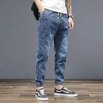 Spring Autumn 2022 New Denim Jeans Men's Elastic Waist Loose Students Teenagers Cowboy Streetwear Harem Leg Long Track Pants Men
