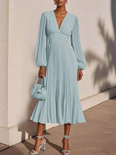 Pleated V-Neck Chiffon Midi Dress