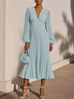 Pleated V-Neck Chiffon Midi Dress