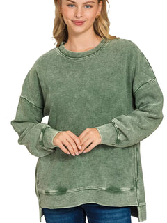 Zenana Full Size Acid Washed Double Ribbed Hi-low Sweatshirt Plus Size
