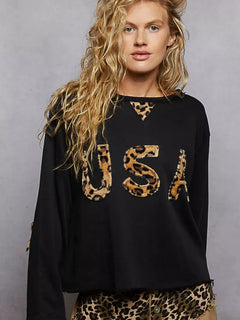 POL Round Neck Long Sleeve French Terry Sweatshirt with USA Letter Animal Patch