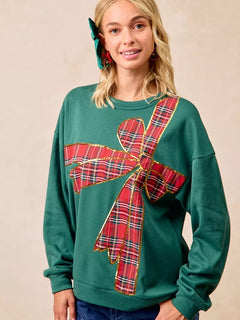 BiBi Plaid Ribbon Bow Detail Christmas Fleece Pullover