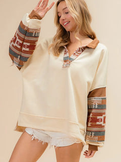 BiBi French Terry Knit and Aztec Print Mixed Top
