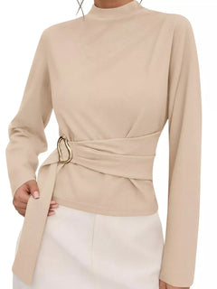 Mock Neck Blouse with Waist-Defining Metal Buckle Detail