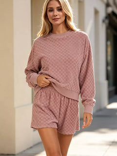 Oh Full Size Checkered Crewneck Cropped Sweatshirt and Elastic Waist Shorts Set Plus Size