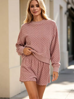 Oh Full Size Checkered Crewneck Cropped Sweatshirt and Elastic Waist Shorts Set Plus Size