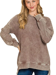 Zenana Full Size Acid Washed Double Ribbed Hi-low Sweatshirt Plus Size