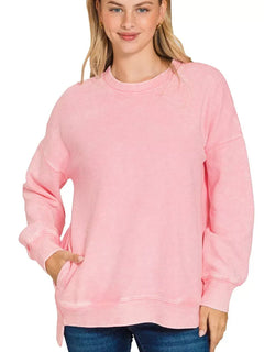 Zenana Full Size Acid Washed Double Ribbed Hi-low Sweatshirt Plus Size