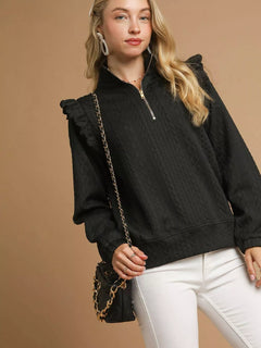 Umgee Cable Knit Textured Pullover with Ruffle Shoulders