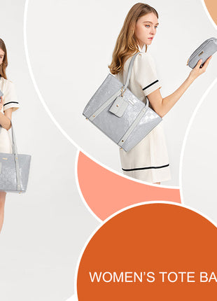 Miss Lulu WOMEN'S Handbag Set, Medium Shopper bag, 3-Piece Set Shoulder Bags FOR WOMEN'S, Elegant Handbag PlatiNum