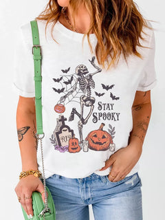Full Size Skull Pumpkin Face STAY SPOOKY Graphic Halloween T Shirt Plus Size