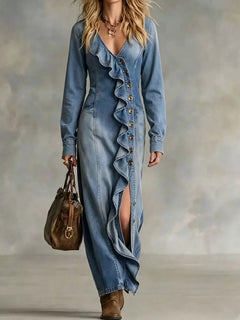 Ruffled V-Neck Denim Maxi Dress