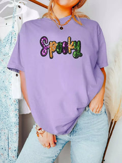 Full Size Spooky Sequin Letter Patched Cotton Blend T Shirt Plus Size