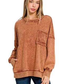 Zenana Acid Wash Raw Edge French Terry Sweatshirt with Front Pocket