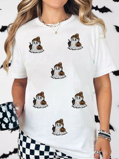 Full Size Halloween Sequin Ghost Print Short Sleeve Casual T-Shirt Plus Size