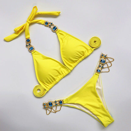 Catene di metallo con scollo all'americana Strass Diamante Bikini Costume da bagno donna Costumi da bagno femminili Due pezzi Bikini set Costume da bagno brasiliano Swim platinumshop