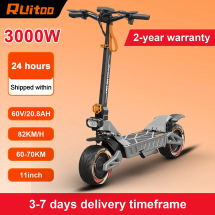 Ruitoo M6MAX Scooter elettrico Doppi motori 3000W 70KM Portata 82 km/h Velocità 60V/20,8AH Batteria Pneumatici fuoristrada da 11 pollici Pieghevoli