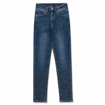 Women’s high-waisted skinny jeans with gradient rhinestones at the ankles, stretchy blue denim, five-pocket trousers in an elegant style, fashionable pieces for evenings and everyday looks, comfortable fabric FX5024