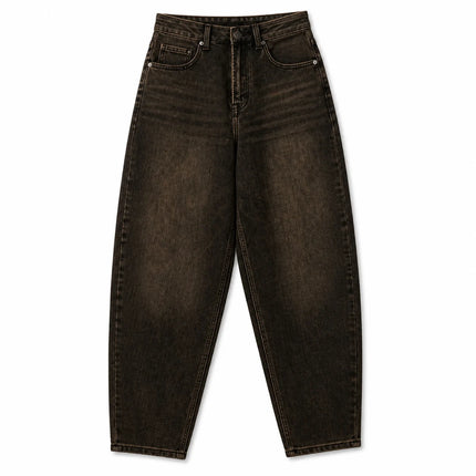 Dark Brown woman Jeans Balloon High Waist Vintage Wash Soft Denim Fit Large Functional Pockets Urban Streetwear Style Curled Cut Perfect For Daily Outfits Casual Outings FX5314-7