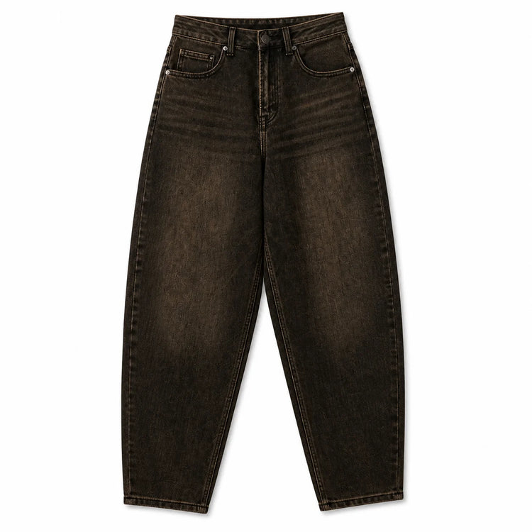 Dark Brown woman Jeans Balloon High Waist Vintage Wash Soft Denim Fit Large Functional Pockets Urban Streetwear Style Curled Cut Perfect For Daily Outfits Casual Outings FX5314-7