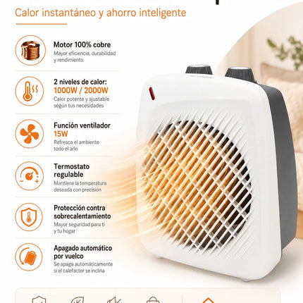 Extrahouse-2000W Portable Fan Heater with Copper Motor, 2 Heat Levels, Cold Air Function and Overheat Protection