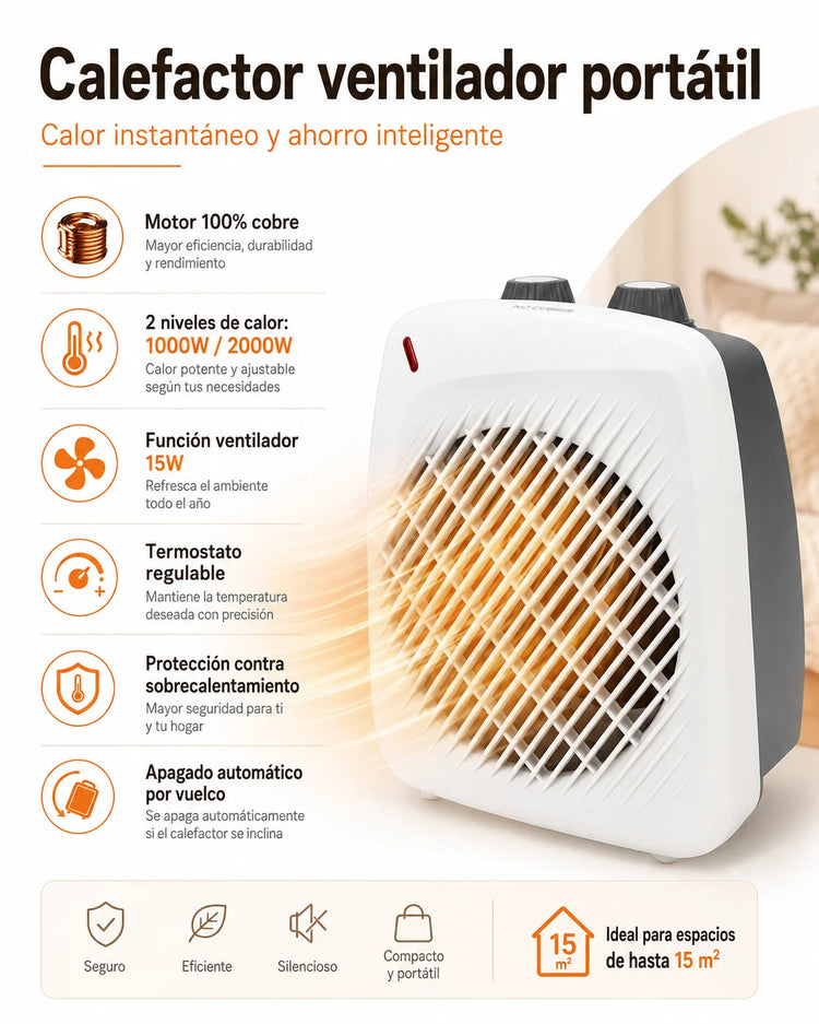 Extrahouse-2000W Portable Fan Heater with Copper Motor, 2 Heat Levels, Cold Air Function and Overheat Protection