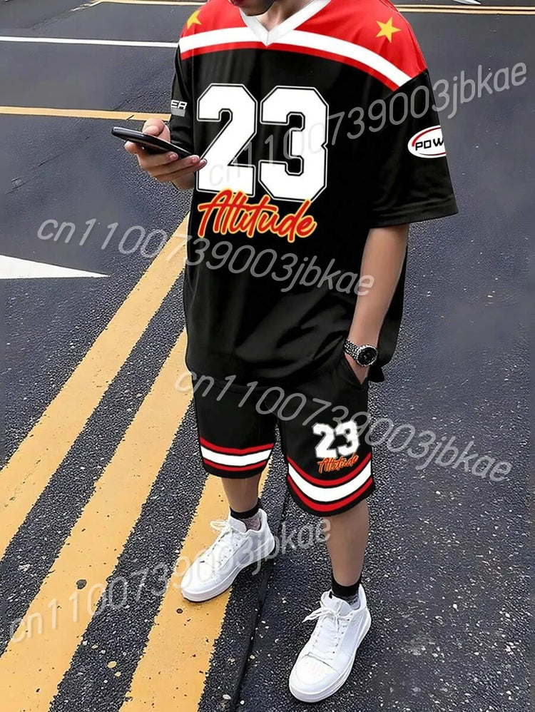 T-shirt e pantaloncini a maniche corte CALIFORN NO.23 da uomo Set t-shirt da donna a maniche corte con scollo a V sfumato