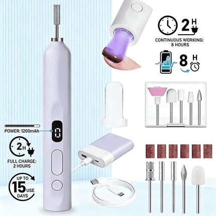 Cordless Nail Drill Electric Nail File Kit, Rechargeable Efile Set, Portable Acrylic Gel Nail Polish Remover Machine, Pedicure Manicure Tool, 11 Bits, 6 Sanding Bands, Salon Home