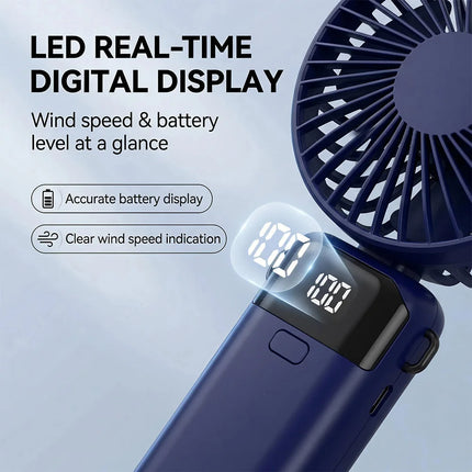 Ventilatore Portatile 3 in 1 Pieghevole USB Ricaricabile Mini Ventilatore da Tavolo con Display Digitale LED 5 Velocità Regolabili 90° °   Ventilatore Inclinabile per Casa, Ufficio e Esterni