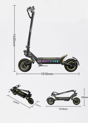 Monopattino elettrico OOTD T10PRO con motore da 2600W, 60 km/h, batteria al litio 52V 23.4Ah, illuminazione ambientale, freno idraulico