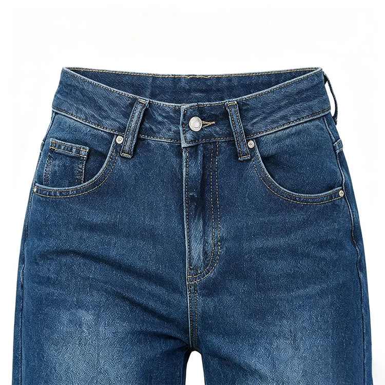 Women's Wide Leg High Waist Jeans with Frayed Hem, Classic Wash Blue Denim Pants, French Casual Style, Soft Fabric with Good Drape for Outings and Leisure Yw-1329
