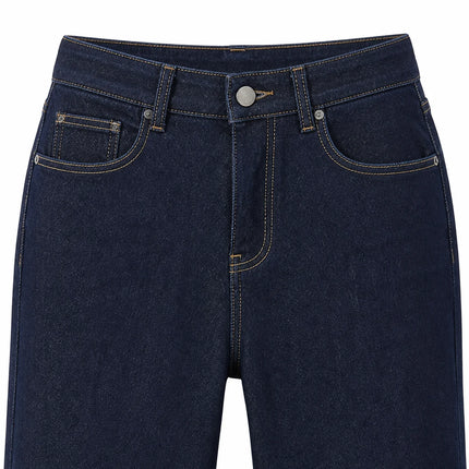 Women's Wide Leg High Waist Dark Blue Raw Denim Jeans, Yellow Contrast Stitching, Loose Fit, Leg-Shaping, Elegant Vintage Minimal Style, Ideal for Urban Outings, Work, Dates Yw‑1192J
