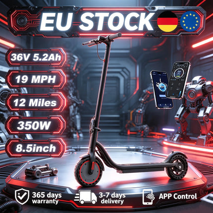 EU Stock Foldable Portable 350W Electric Scooter 19MPH Max Speed 12 Miles Long Range 36V5.2AH Battery Three Speed Adjustment App Control Max Load 120Kg 8.5 Inch Solid Rubber Tire IPX4 Waterproof For Daily City Commuting