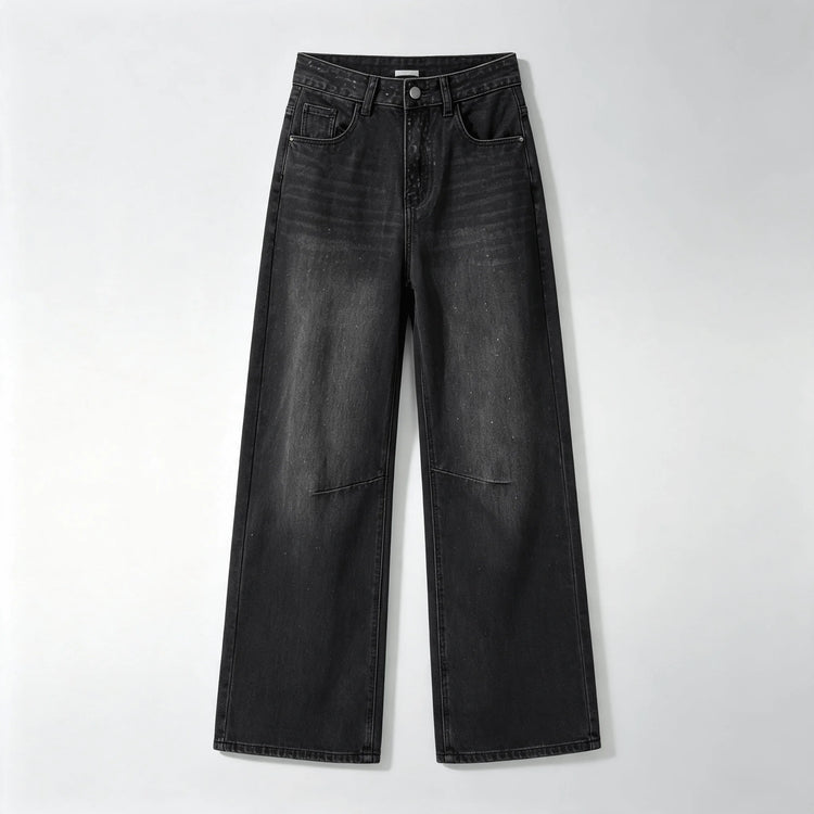 High Waist woman Jeans Barrel Model Black Denim Vintage Wash Sparse Brilliant Detail large trousers Leg Curved Streetwear Y2K Fashion Casual Outfits YW-1842