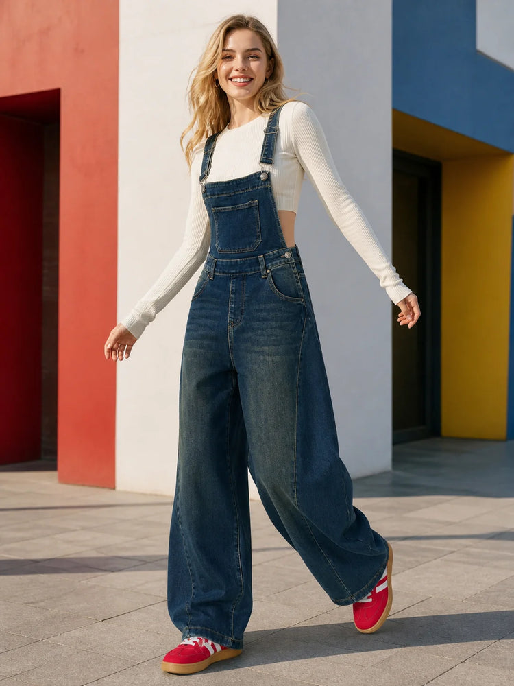 Women's Lantern Leg Jeans Overalls in Blue Denim Vintage Wash, Adjustable Straps, Comfortable Loose Fit, Urban Casual Style for Leisure Outings Yw‑1890